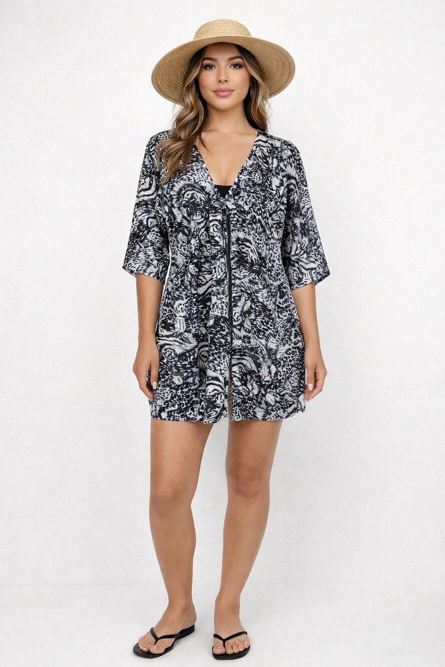 TOGS Swimwear Animal Print Swim Cover Up Small Black White Gold Metallic